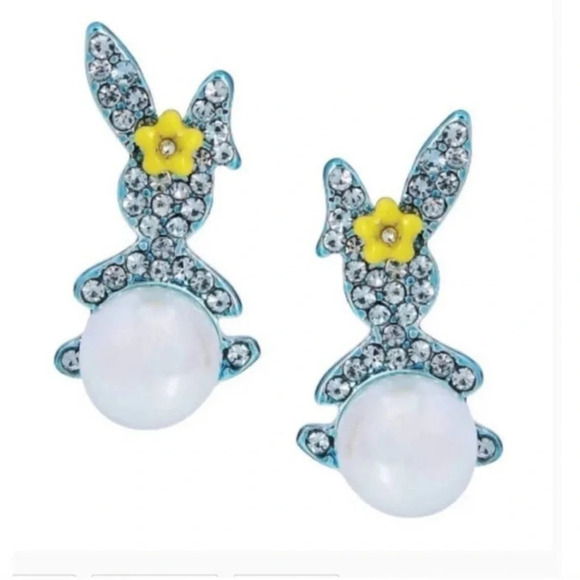 BETSEY JOHNSON Easter Pave Crystal Faux Pearl Tails Bunny Rabbit Earrings NWT - Picture 5 of 6